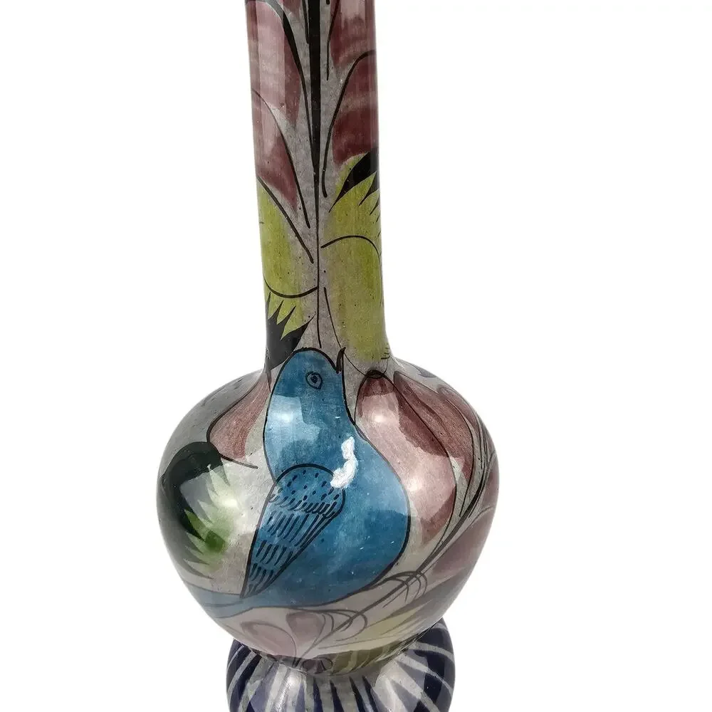 Vintage‎ hand painted Tonala pottery vase made in Mexico floral gray blue pink